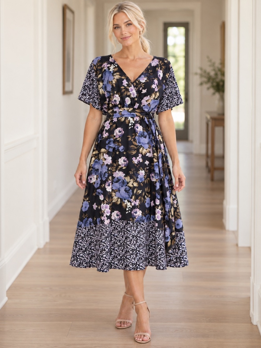 Goddiva London Floral Flutter Sleeve Wrap Style Midi Dress Tie Waist